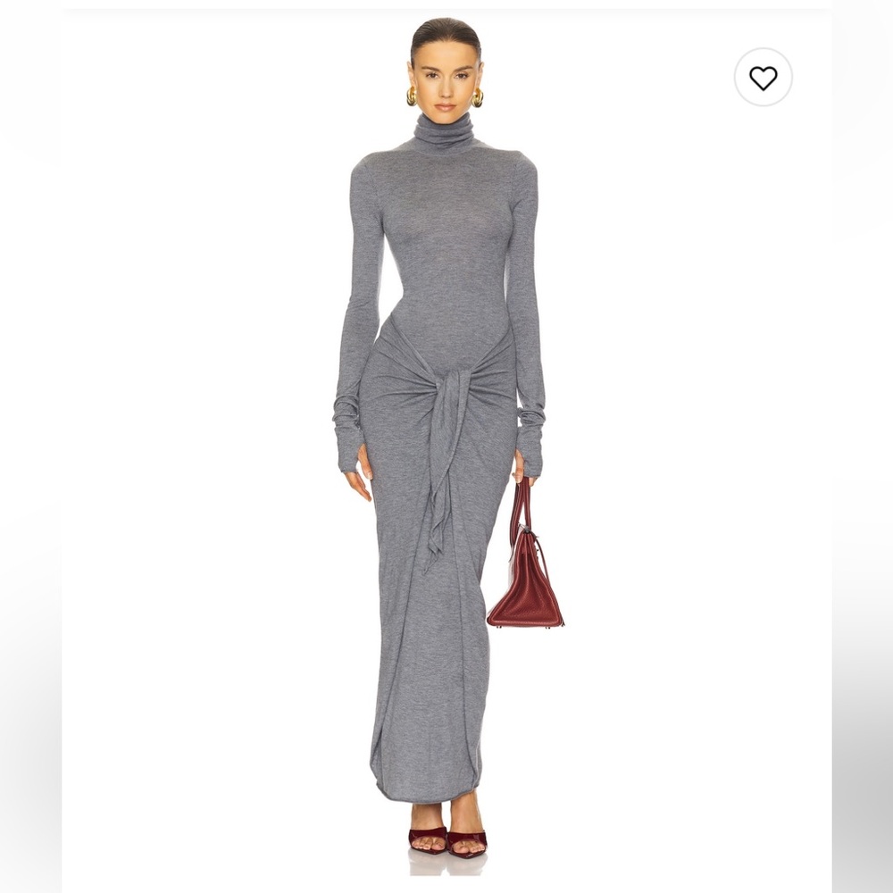 Women's Long-Sleeve Turtleneck Maxi Dress with Front Tie - Gray